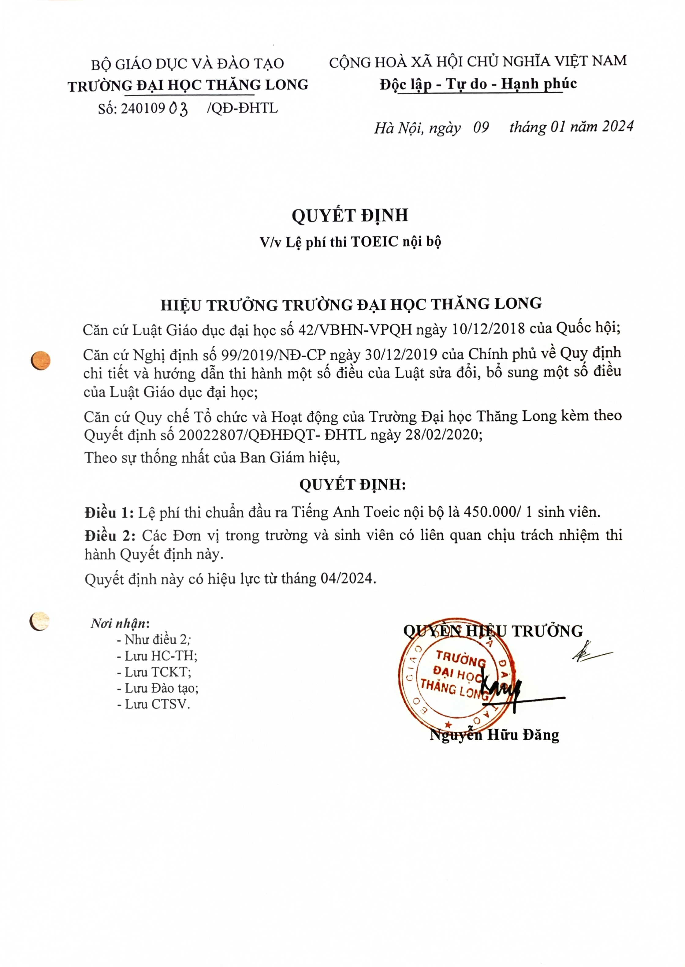 Quyết định lệ phí thi